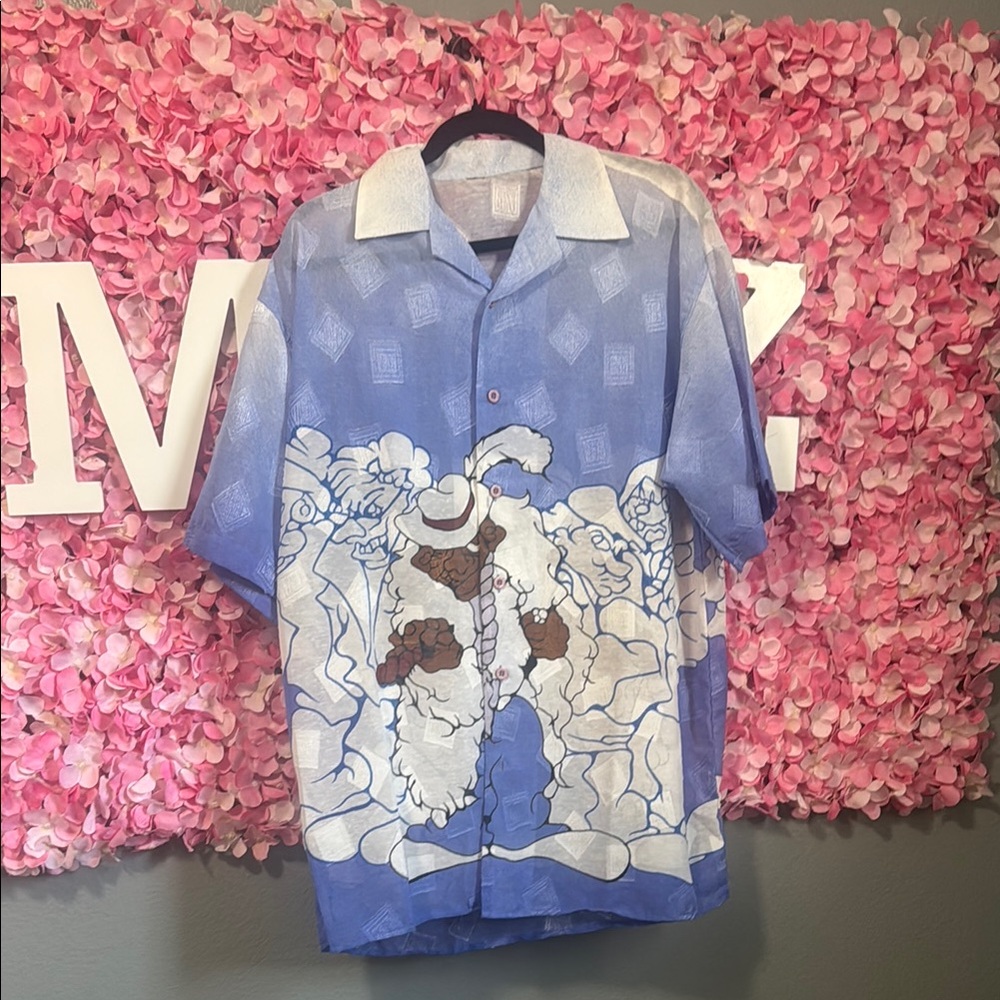Blue and White Graphic Button-Up Shirt